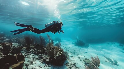 Wall Mural - Adventurous scuba diver exploring the serene underwater world