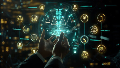 Leinwandbilder - Futuristic business interface with a person in a suit interacting with a holographic display showing the scales of justice and business-related icons