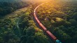 © Boraryn - Aerial view of a vibrant cargo train snaking through a lush green landscape at golden hour