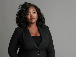 Wall Mural - African American woman, plus size model in black business attire with curly hair, professional, gray background.