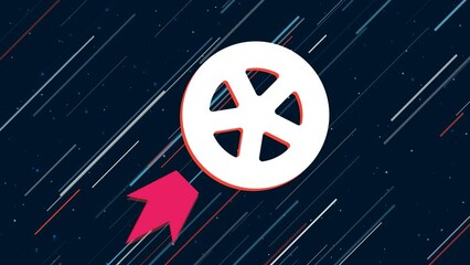 Wall Mural - Car wheel symbol flies through the universe on a jet propulsion. The symbol in the center is shaking due to high speed. Seamless looped 4k animation on dark blue background with stars