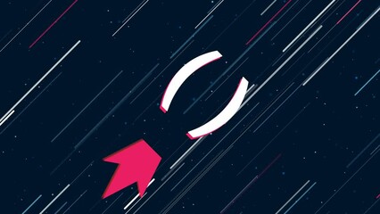 Wall Mural - Brackets symbol flies through the universe on a jet propulsion. The symbol in the center is shaking due to high speed. Seamless looped 4k animation on dark blue background with stars