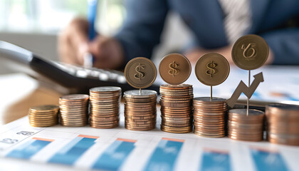 Poster - Close-up of stacked coins with rising heights, topped with percentage signs and upward arrows, symbolizing financial growth. A business person uses a calculator