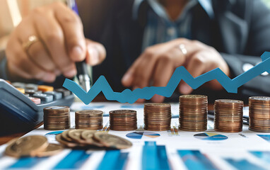 Poster - Detailed image of stacked coins with percentage signs and upward arrows, symbolizing rising interest rates. A professional analyzes financial data