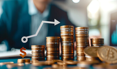 Business setting with coins stacked in increasing height, each with percentage signs and upward arrows. A professional in the background plans financial strategies