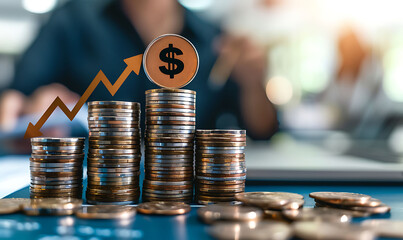 Poster - Business setting with coins stacked in increasing height, each with percentage signs and upward arrows. A professional in the background plans financial strategies