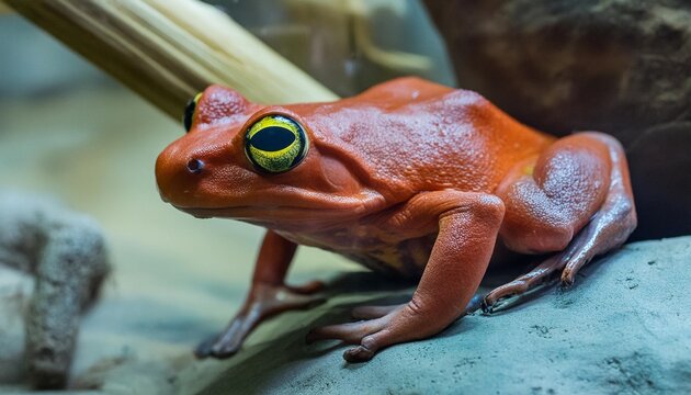 red frog with yellow eyes close up