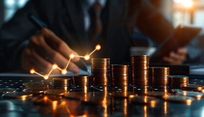 Poster - Modern office with ascending coin stacks marked with glowing percentage signs and upward arrows, symbolizing financial growth. A professional focuses on calculations