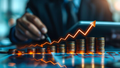 Poster - Modern office with ascending coin stacks marked with glowing percentage signs and upward arrows, symbolizing financial growth. A professional focuses on calculations