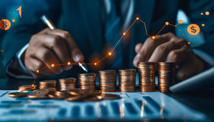 Poster - Modern office with ascending coin stacks marked with glowing percentage signs and upward arrows, symbolizing financial growth. A professional focuses on calculations