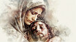 © otter2 - A digital illustration of Mother Mary cradling Christ's body, dramatic pose, sorrowful gaze