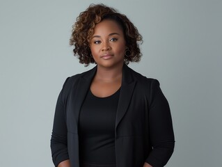 Wall Mural - African American woman, plus size model in black business attire with curly hair, professional, gray background.