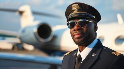 Poster - African american pilot with sunglasses in uniform, captain of commercial jet airplane, standing at airport ready for corporate airline flight