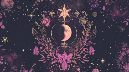 Celestial botanical illustration with moon, stars, and flowers on a dark background. Mystical and decorative artwork. Astrology and nature concept. Design for poster, wallpaper, and greeting card