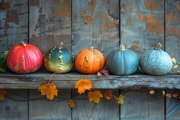 Wall Mural - A colorful display of pumpkins, pumpkins and leaves sitting in a row on wooden background. Space for text. Generative AI