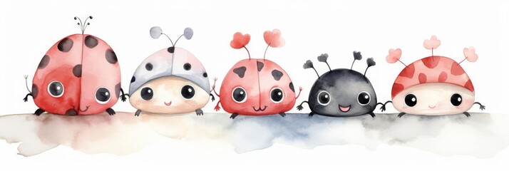 Watercolor nursery theme baby room, Cute watercolor illustration of a row of happy cartoon ladybugs.