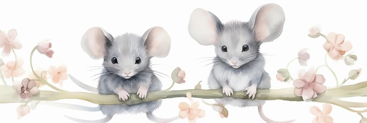 Watercolor nursery theme baby room, Two cute little mice are sitting on a branch with peach blossoms.