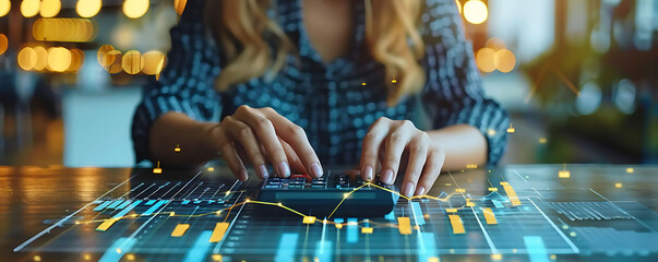 Poster - A businesswoman analyzing financial data with a calculator and digital growth charts overlaying her workspace