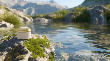 Wall Mural - A blank skincare jar positioned on a rock by a tranquil mountain stream, the clear water and green moss creating a natural and pure setting for the product.