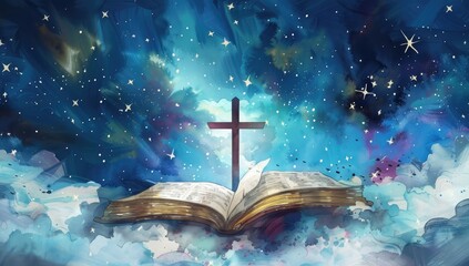 Watercolor Painting of an Open Bible with Cross - Spiritual Christian Art