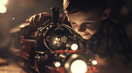 Wall Mural - Circular toy train running on the tracks, The boy curiously and happily plays with the toy train, a nostalgic style from the 1960s and 1970s.