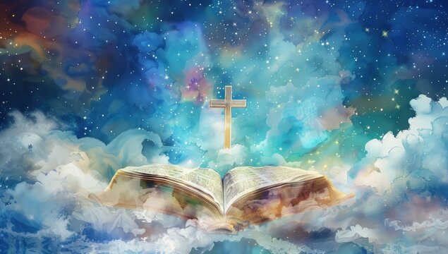 Watercolor Painting of an Open Bible with Cross - Spiritual Christian Art
