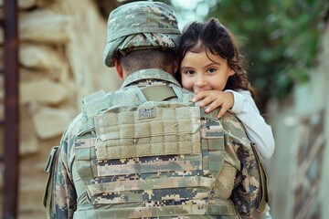 Canvas Print - An American servicemen returning from duty. Brave soldier hugging his daughter. Father and daughter are happy after a long separation. Family reunification