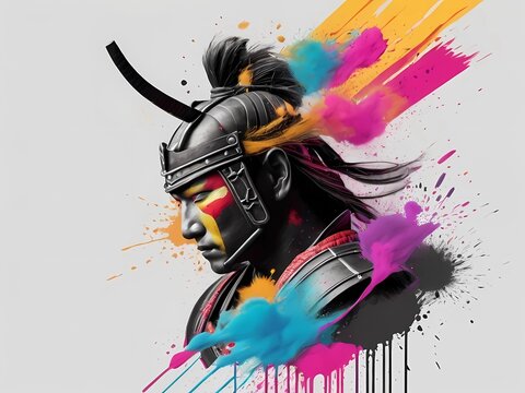 fantasy samurai with colorful ink splash  illustration