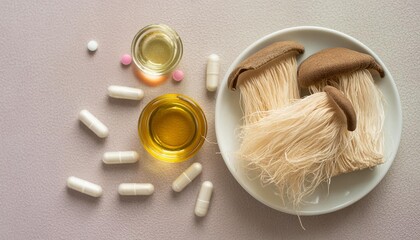 overhead flat lay view of lions mane mushroom with vitamin supplement tablets