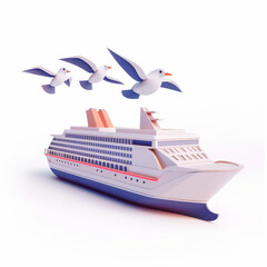 Sea liner with seagulls flying over it icon in 3d style on white background
