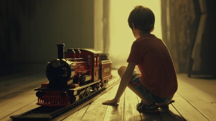 Wall Mural - Circular toy train running on the tracks, The boy curiously and happily plays with the toy train, a nostalgic style from the 1960s and 1970s.