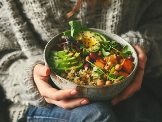 Wall Mural - image of a person holding a bowl of colorful salad against a plain white background