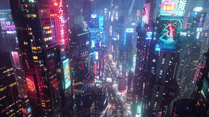 Wall Mural -  a dark and rainy cityscape with skyscrapers and neon lights