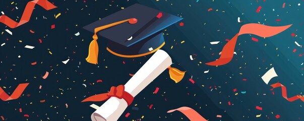 Wall Mural - Illustration of a graduation cap and diploma with confetti.