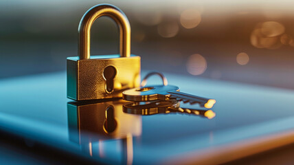 Wall Mural - A padlock and key on a reflective surface, close-up.