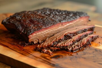 Sticker - Tender sliced beef brisket with a smoked crust, resting on a wooden board with juices