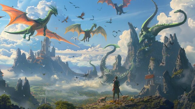 A digital painting of a fantasy landscape with a castle, mountains, and dragons flying in the sky.