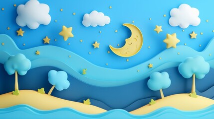 Wall Mural - Cartoon night summer landscape with stars, trees, moon and clouds. Children's clay, plastic, or soft toy. Colorful illustration.