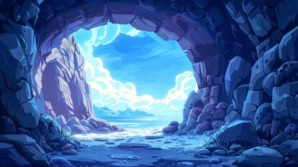 Canvas Print - Artificial intelligence generated cartoon stone cave entrance. Dark rock tunnel. Underground abandoned cave. Cave entrance in mountain with lush landscape view of rocks and blue sky.