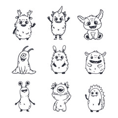 Wall Mural - big set of cartoon monsters. cute monsters in doodle style. kids funny character design for posters,