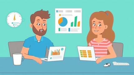 Wall Mural - Business marketing strategy. Man and woman analyze data, make a presentation with charts about investments.