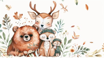 Wall Mural - Baby and mother watercolour cartoon nursery card illustration. Forest funny young animals illustration. Mom and baby decor poster.