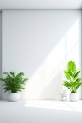 Wall Mural - White room with three plants in white vases on shelf.