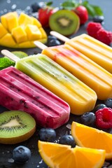 Wall Mural - Frozen yogurt popsicle bars with fresh fruits and berries  sweet and delicious treat