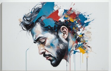 abstract painting of a stressed man's face, on a white background