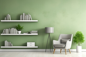 Wall Mural - A lush green accent chair against a light grey rug, amidst modern white shelves displaying chic decorative pieces, an empty white frame mockup enhancing the wall.