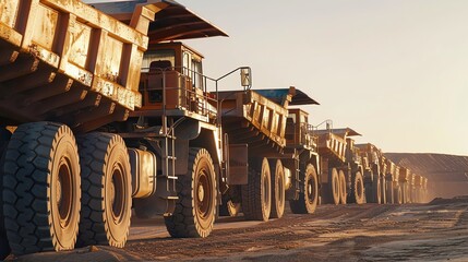 A row of large mining trucks parked at a mining site during sunset, showcasing industrial machinery and heavy-duty vehicles in a dusty environment.