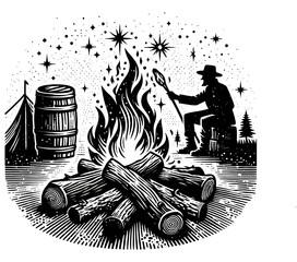 Wall Mural - campfire engraving black and white outline bonfire clipart drawing vector
