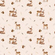 © Ekatmart - Watercolor seamless pattern with deer and squirrel forest animals and hazelnut. Cute childrens repeat wallpaper muted colored. Flowers and leaves isolated on background. Hand painted illustration