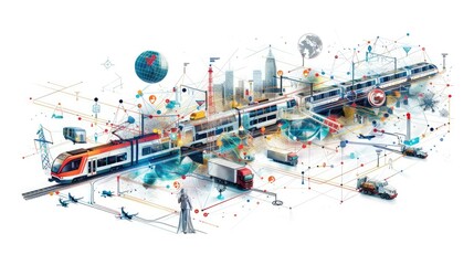 Futuristic illustration of transportation network with trains, trucks, and planes connected by digital technology and global communication.